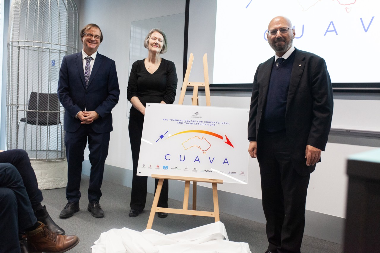 Photo of Professor Iver Cairns, Professor Sue Thomas and Senator Arthur Sinodinos