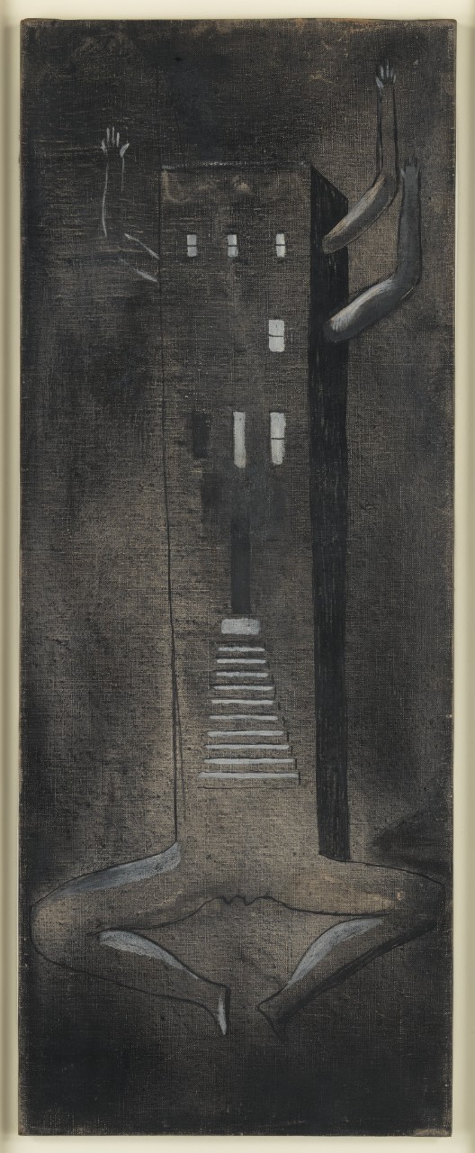 oil painting in black and white of a building with arms and legs