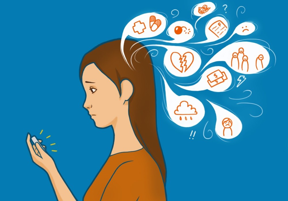 An illustration of a girl using a mental health app and feeling lots of different emotions