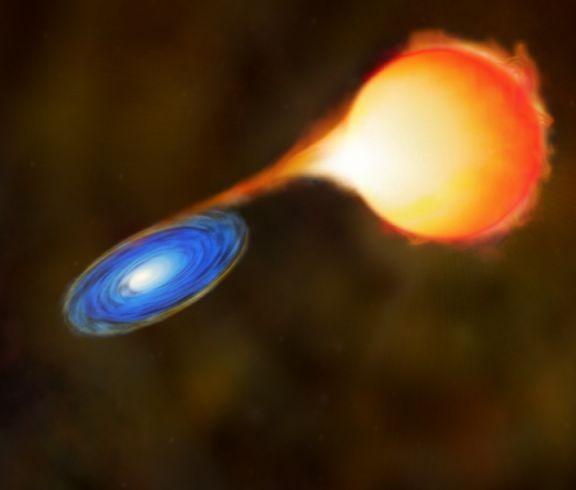 A red giant star transfers mass to a white dwarf star.
