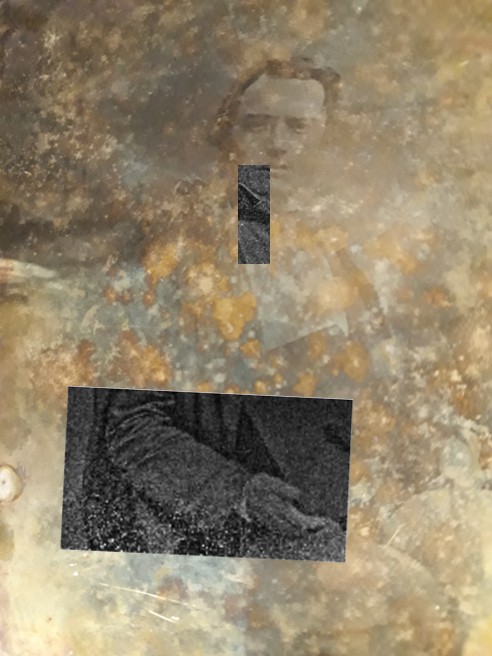 Blurry black and white image of a woman, with 2 sections showing greater detail due to x-ray technology