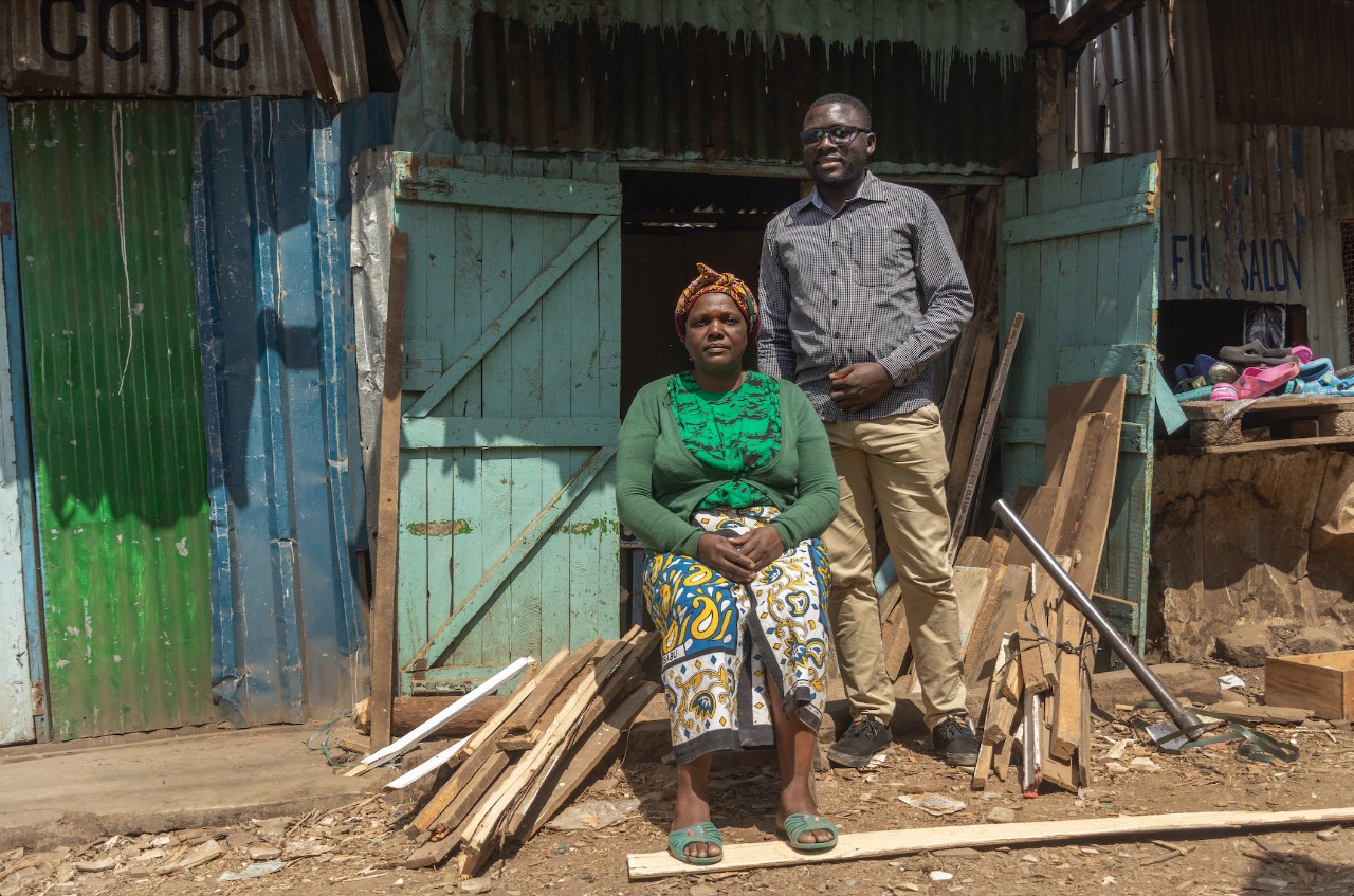 Sydney International Equity Scholarship recipient Victor Kibisu with his aunt, Emmy Andiva, in Kibera, Nairobi.