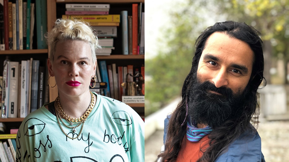 Dr Sanne Mestrom is wearing a green tshirt in front of a bookshelf, she is young and has short blonde hair and Dr White-Radhakrishnan is of Sri Lankan heritage and is wearing a blue jacket and is standing outside