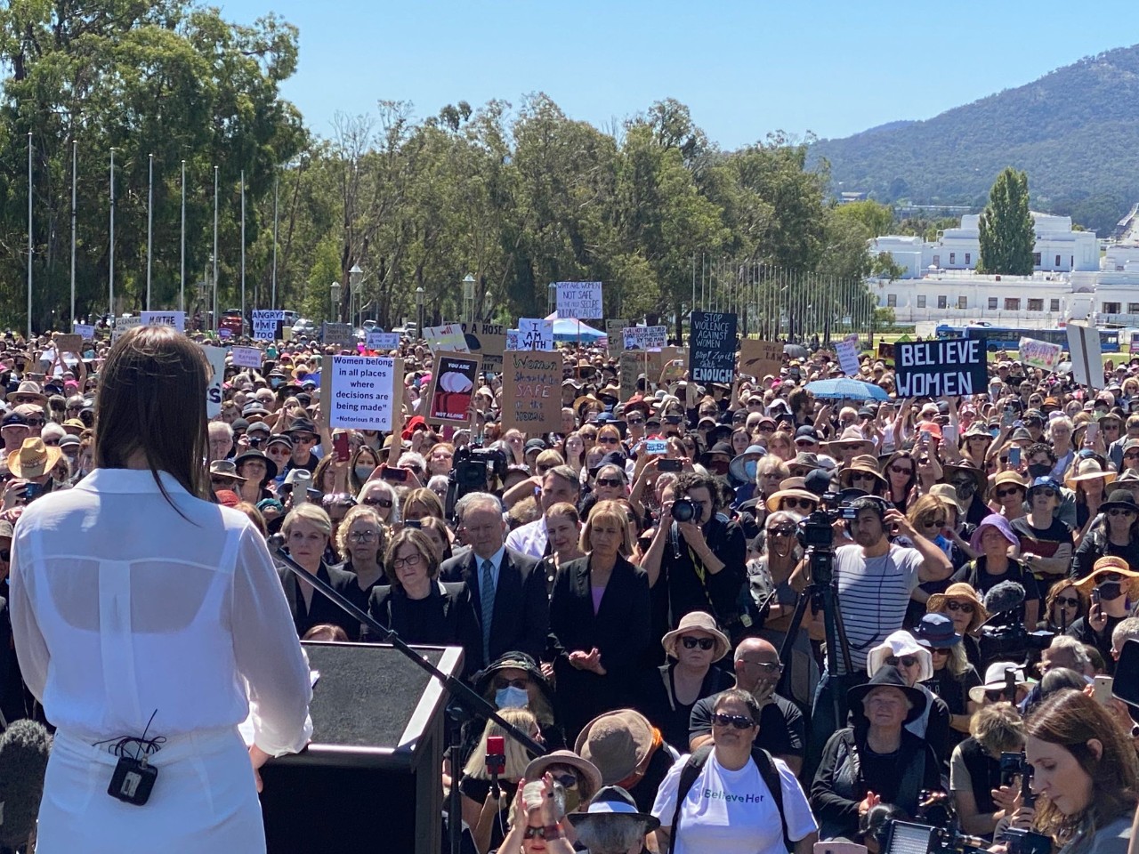 Brittany Higgins speaking at the #March4Justice protest in Canberra