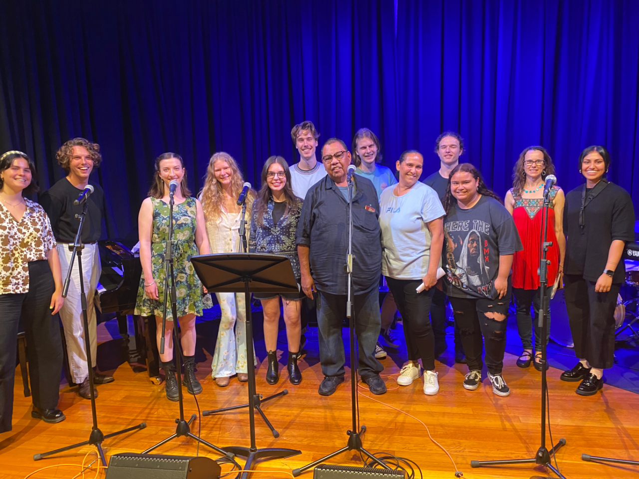 Myfany Turpin, William Santo, Keesha Gordon, Shakira Pehi and Con students recording for Yaru! A Gudjal learner's guide