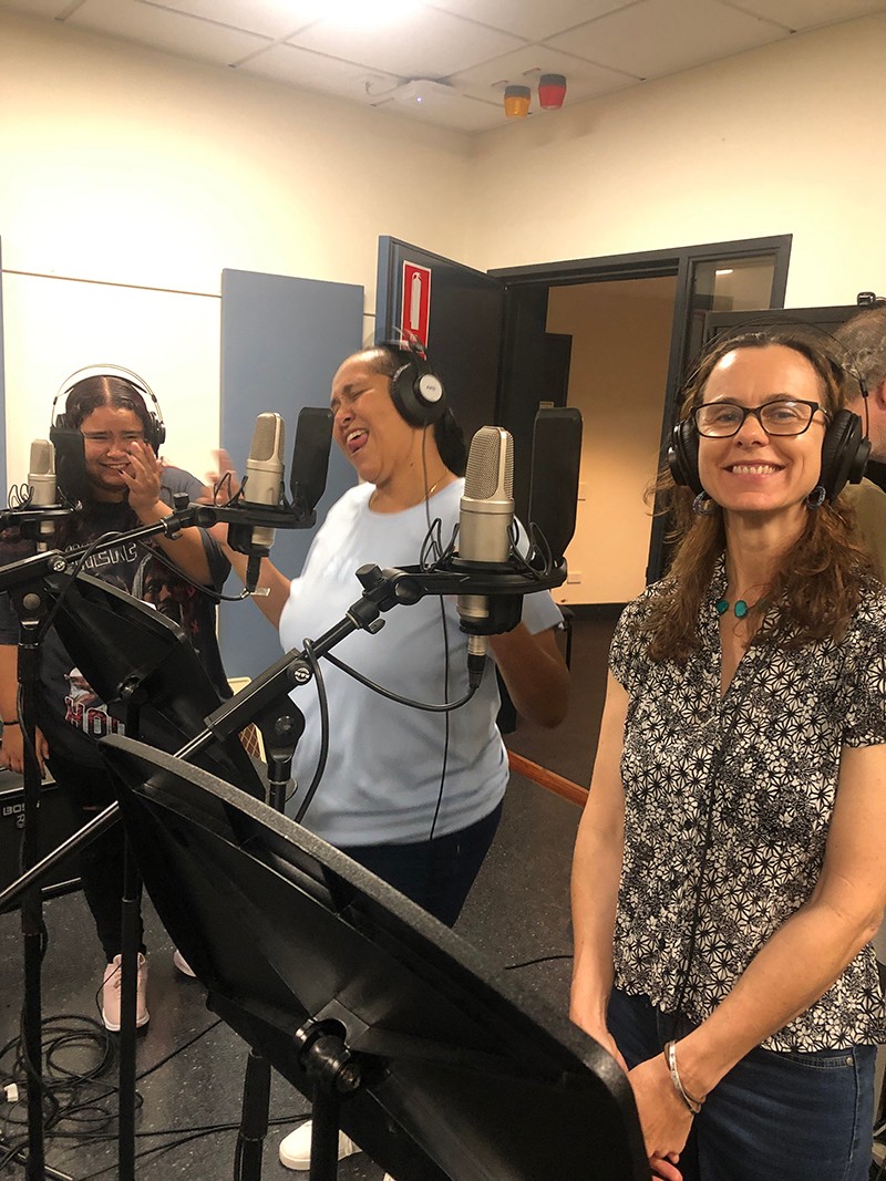 Myfany Turpin (right), Keesha Gordon and Shakira Pehi recording at the Sydney Conservatorium of Music