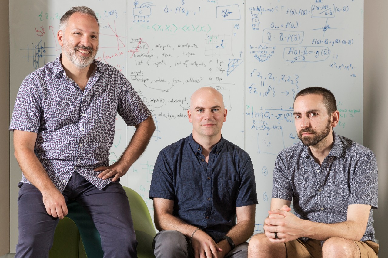 Professor Stephen Bartlett (left), David Tuckett and Associate Professor Steven Flammia, members of the Quantum Theory group, in the Sydney Nanoscience Hub. Credit: Louise Cooper/University of Sydney