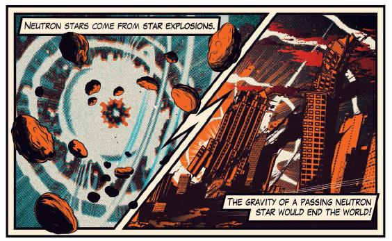 Cartoon explaining gravitational waves - Neutron stars come from star explosions, the gravity of a passing neutron star would end the world!